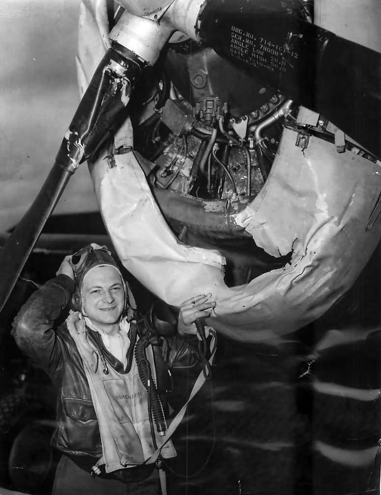 Lt Morehouse of 375th FS poses by his Damaged P-47C 41-6528 E2-I – April 9th 1944