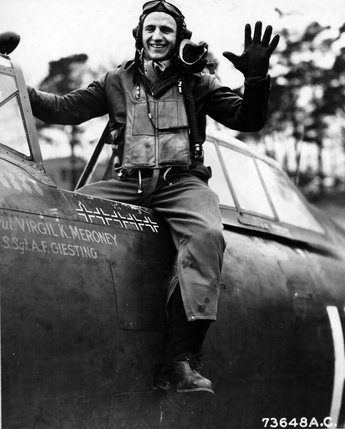 Lt Virgil Meroney of the 487th FS, 352nd Fighter Group in the cockpit of his P-47D Thunderbolt 42-8473 HO-V