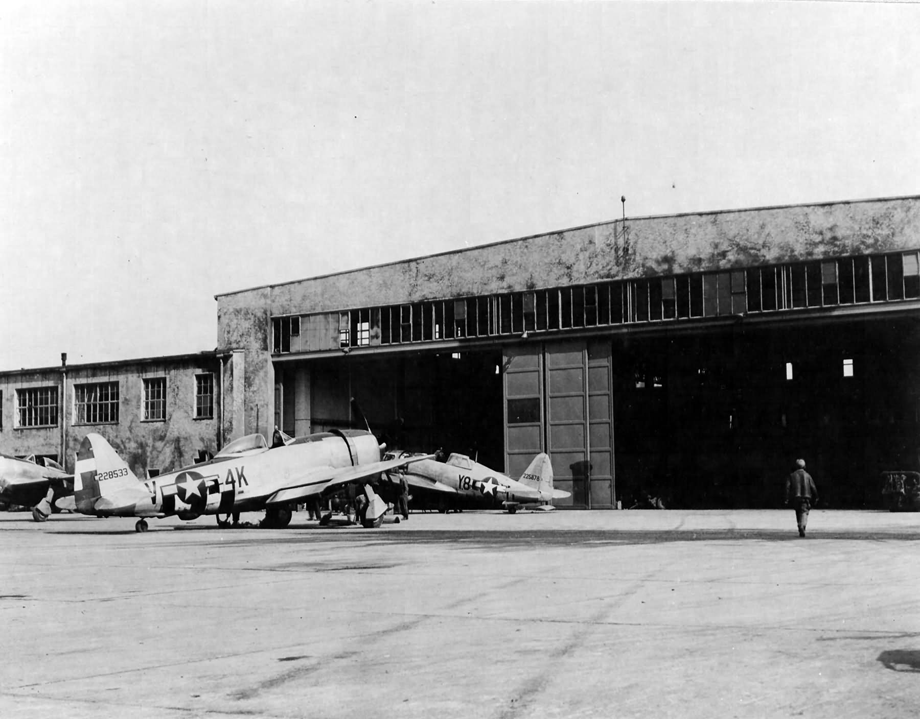 P-47D Thunderbolt code 4K-V, serial 42-28533 of the 506th FS, 404th Fighter Group on the ramp at Fritzlar AB Germany