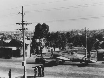 P-47 Thunderbolt serial 42-23109 of the 58th Fighter Group being towed through Brisbane Australia 1944