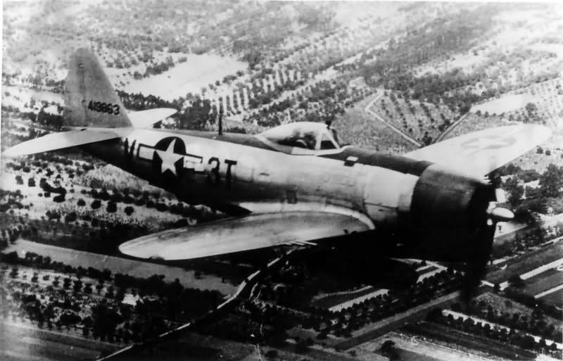 P-47 Thunderbolt code 3T-V 44-19863 of the 36th Fighter Group, 22nd Fighter Squadron in flight