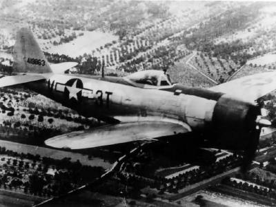 P-47 Thunderbolt code 3T-V 44-19863 of the 36th Fighter Group, 22nd Fighter Squadron in flight