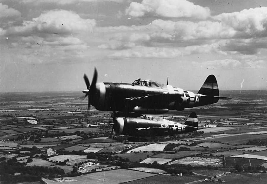 P-47 Thunderbolts 5F-A and 5F-G of the 5th ERS in flight over Lampham