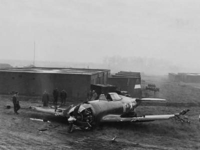 P-47 Thunderbolt code VF-R 41-6354 of the 4th FG flown by Lt Raphael that crash landed on take off at Debden – 5 January 1944