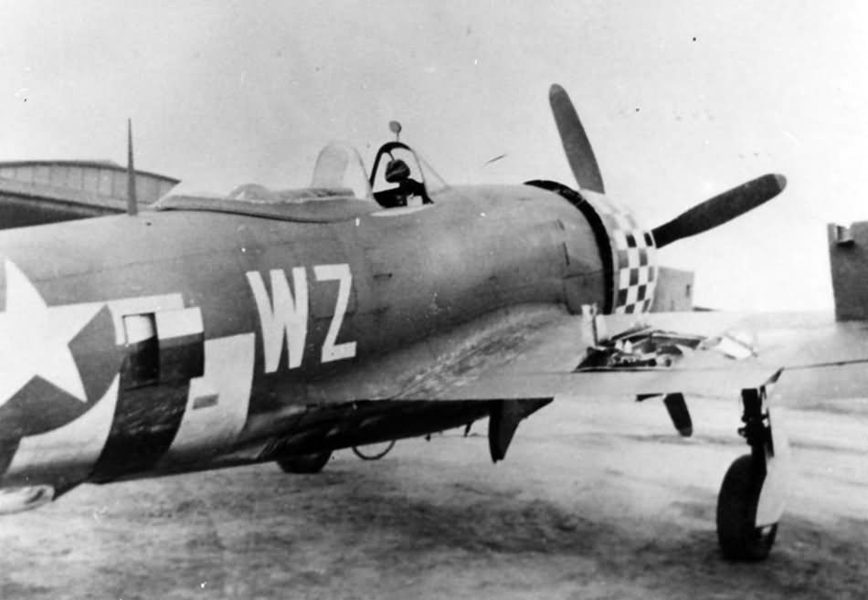 battle damaged P-47 Thunderbolt of the 78th Fighter Group at Duxford