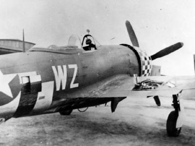 battle damaged P-47 Thunderbolt of the 78th Fighter Group at Duxford