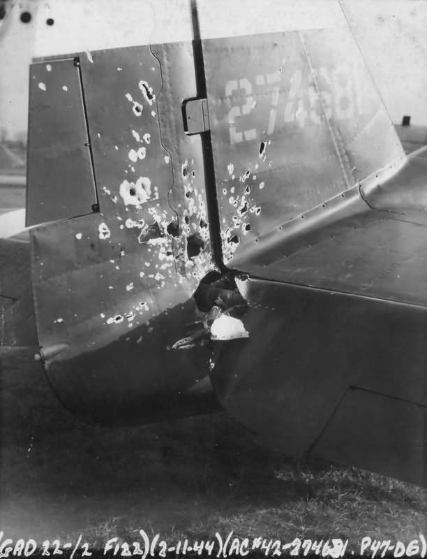 damaged tail of a P-47D Thunderbolt 42-274681 of the 355th FG, 11 February 1944