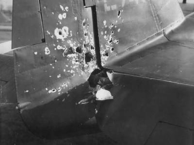 damaged tail of a P-47D Thunderbolt 42-274681 of the 355th FG, 11 February 1944