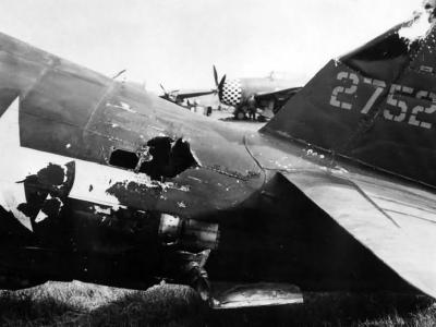 Damaged tail of a P-47 Thunderbolt 42-7527 of the 78th Fighter Group