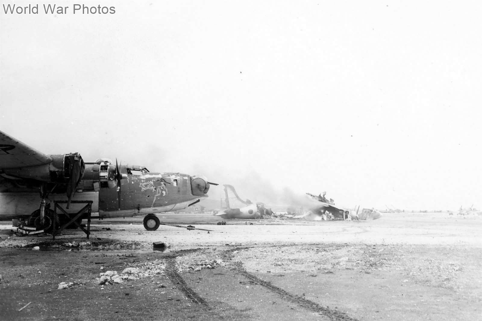 PB4Y-1 named „Smooth Sailing” of VPB-118 badly damaged on Yontan Field, Okinawa May 1945