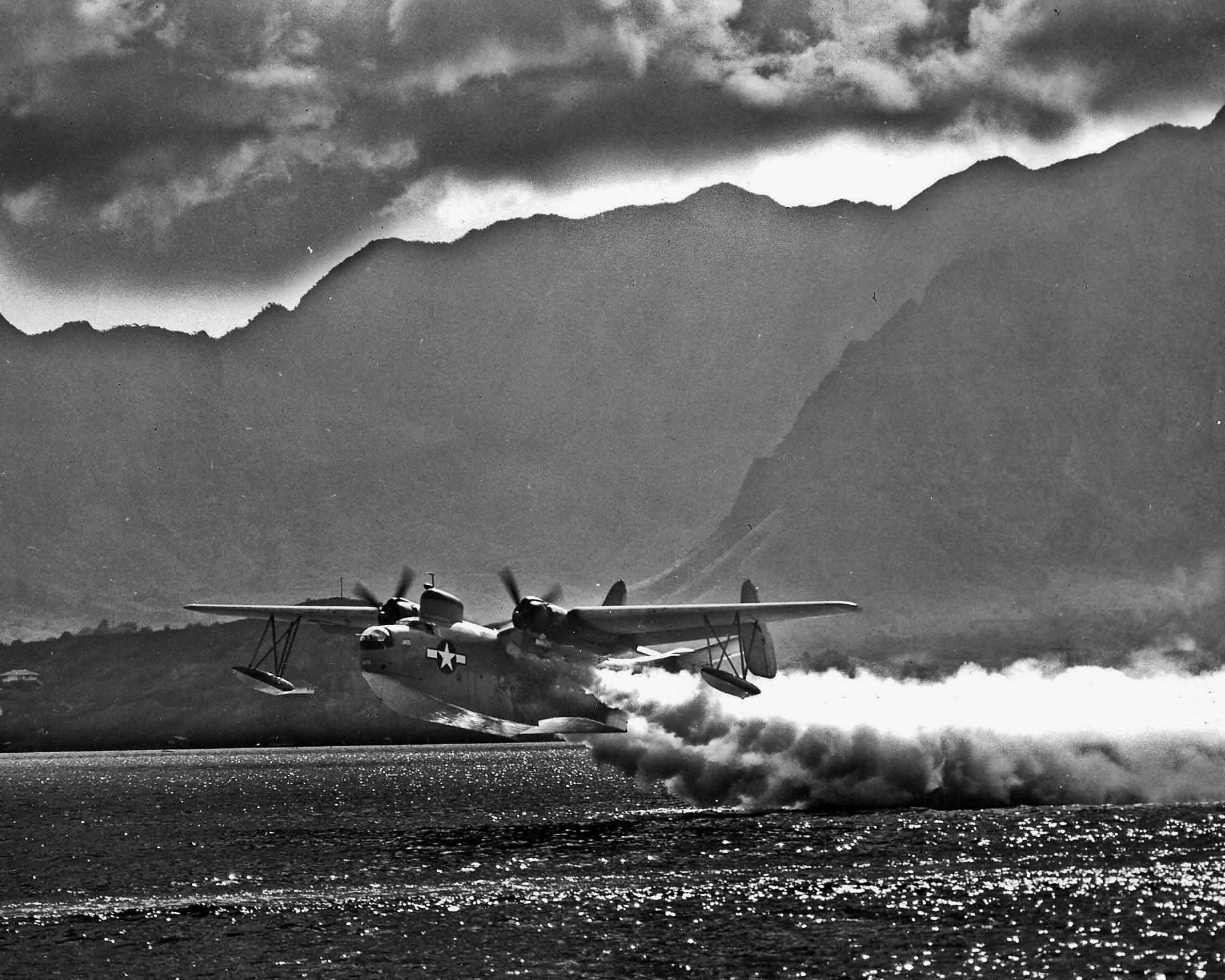 PBM-3 Mariner making a rocket assisted take off from the waters off NAS Kaneohe September 1944