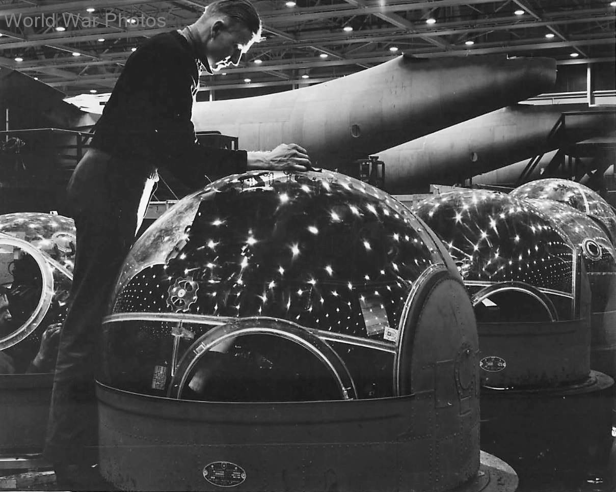 Plexiglass domes of machine gun turrets being readied for Mariners