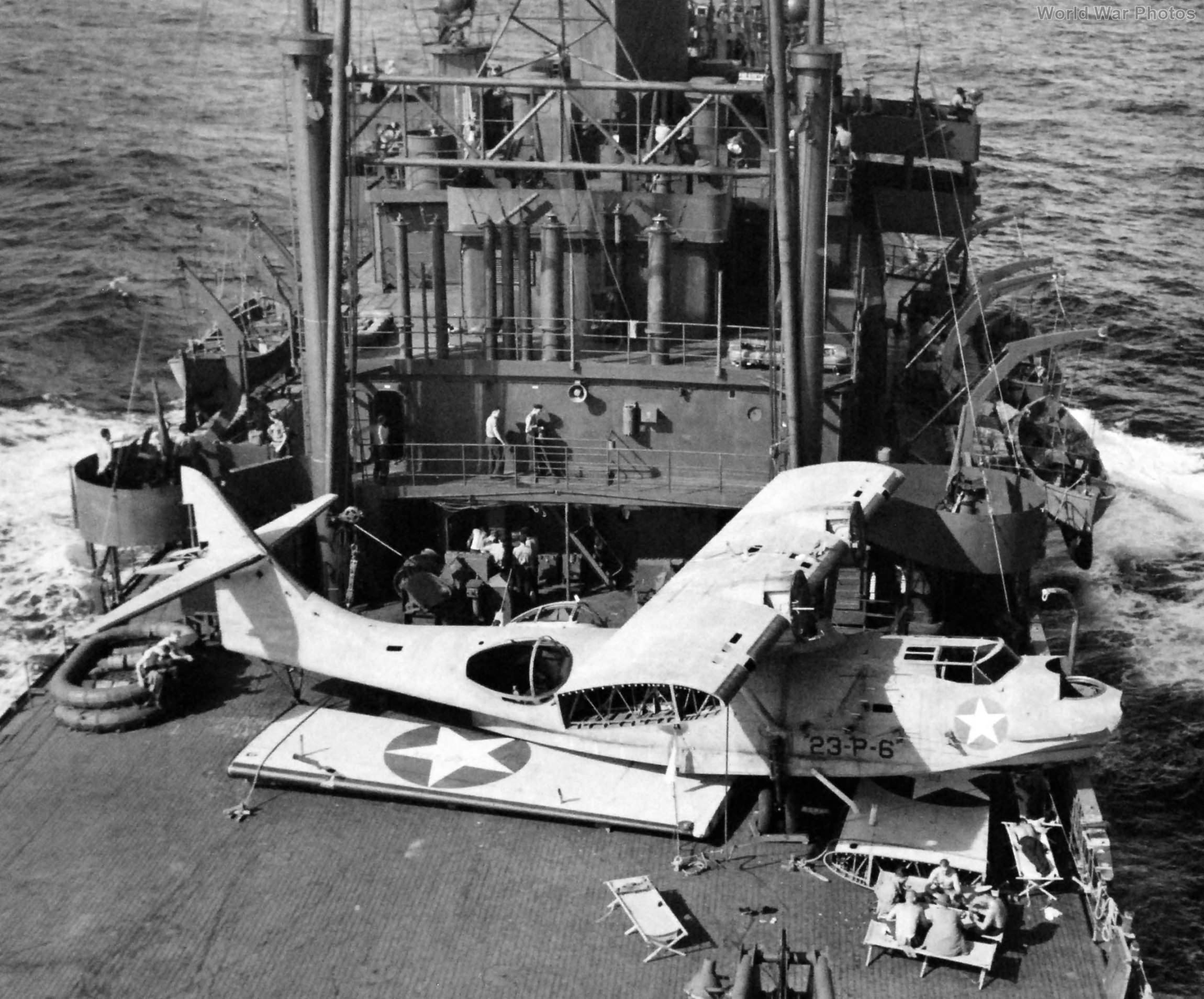 PBY-5 23-P-6 on deck of USS Chandeleur en route from Espiritu Santo February 1943
