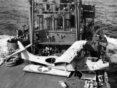 PBY-5 23-P-6 on deck of USS Chandeleur en route from Espiritu Santo February 1943