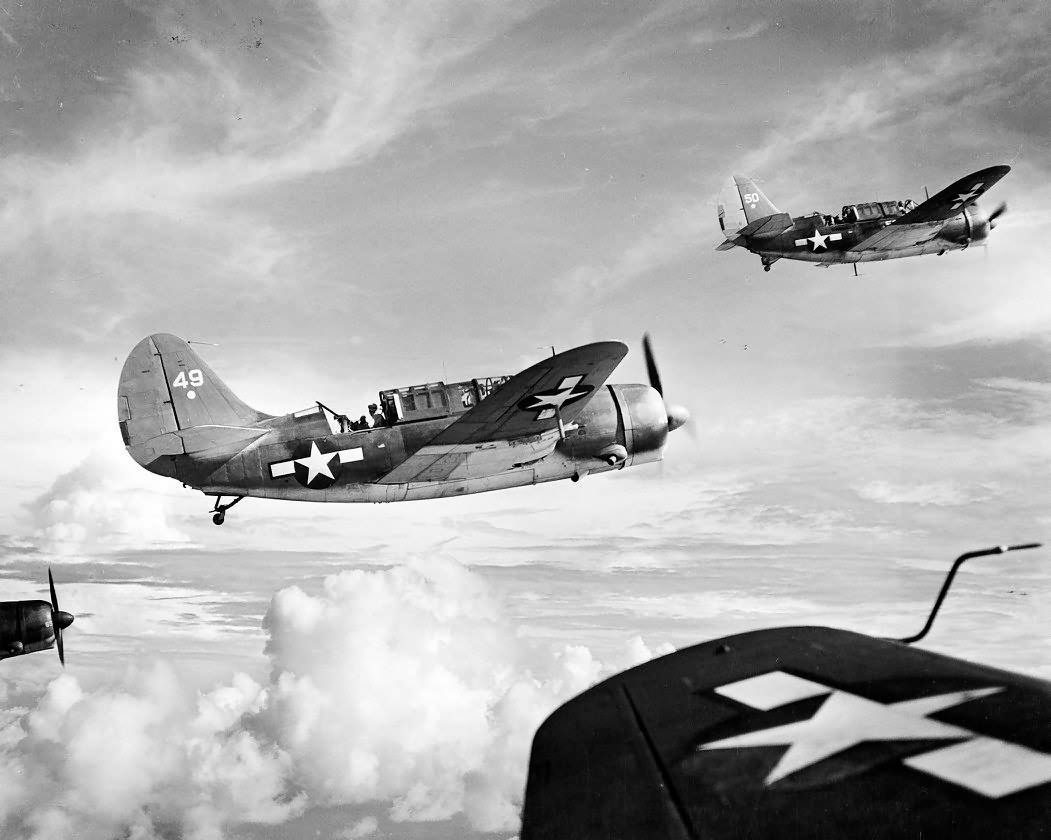 SB2C-1Cs of VB-2 near Saipan during strikes in support of the invasion