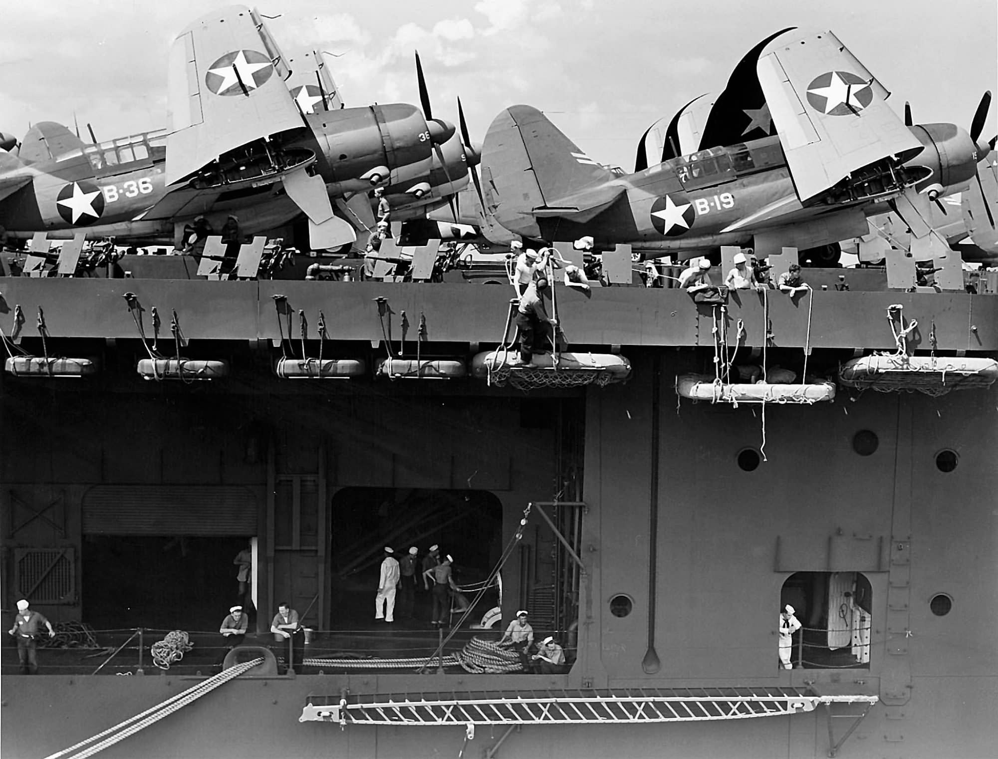 SB2C-1s B-36 and B-19 of VB-5 pictured on the flight deck of USS Yorktown (CV-10 )in 1943
