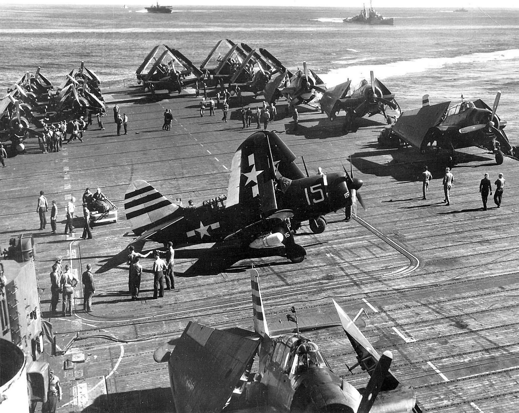 Curtiss SB2C ’15’ and TBM aboard USS Randolph (CV-15) during operations in the Western Pacific in May 1945
