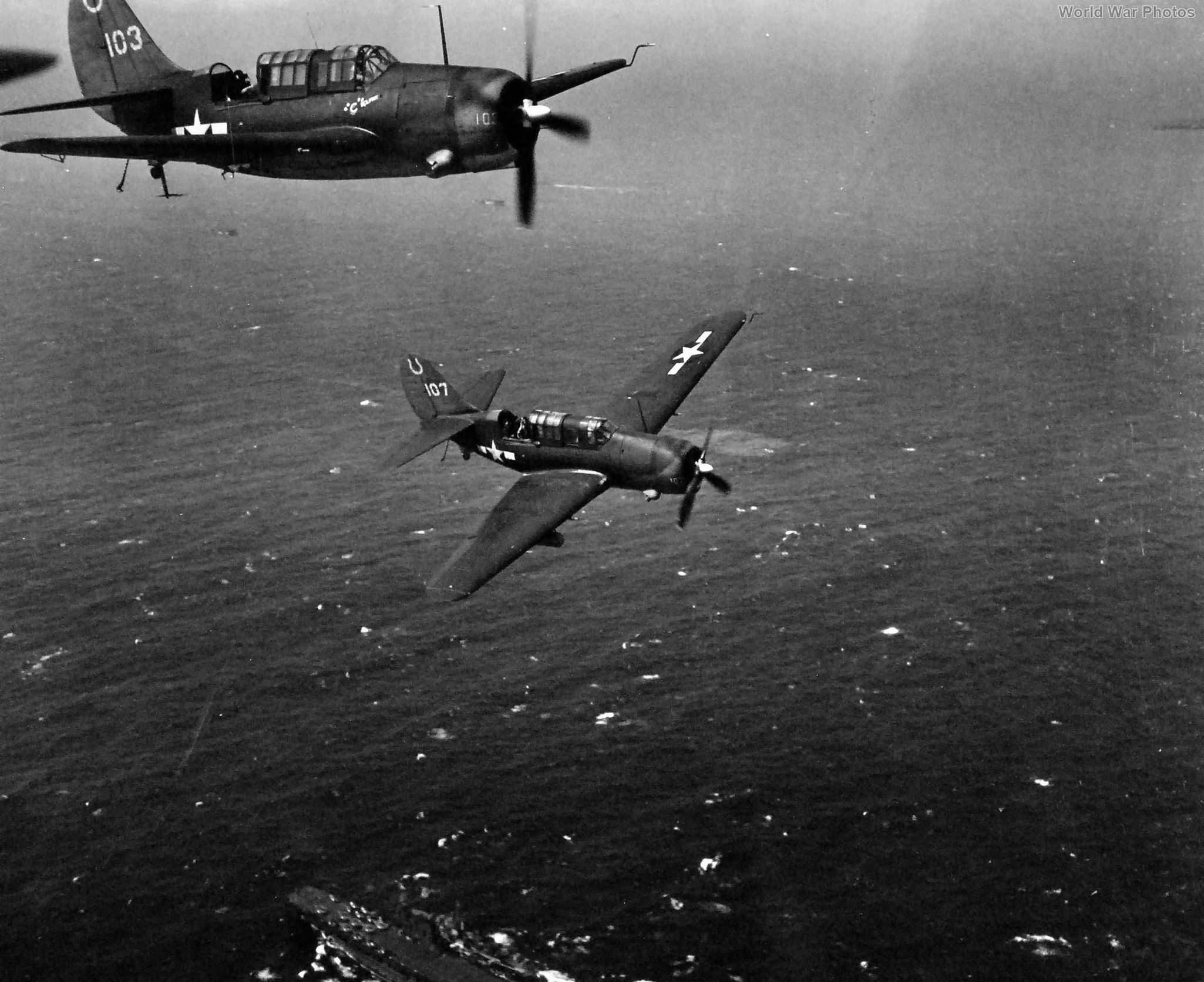 SB2Cs return to USS Hancock 12 January 1945