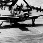 SB2C-3 Helldiver ‚116’ of VB-17 maneuvers into position for launch from the carrier Hornet on February 16, 1945