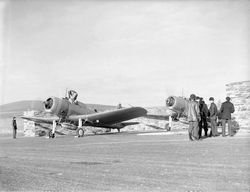 SB2U in England April 1942. Vindicators in the two tone paint scheme of Blue Gray and Light Gray.