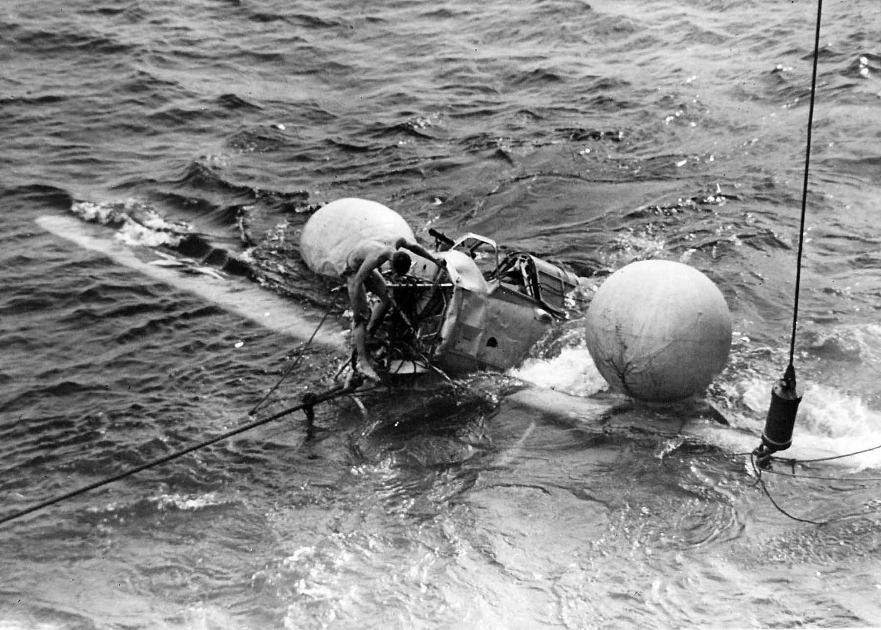 SB2U Vindicator after crashing in the water after take off from USS Saratoga CV-3