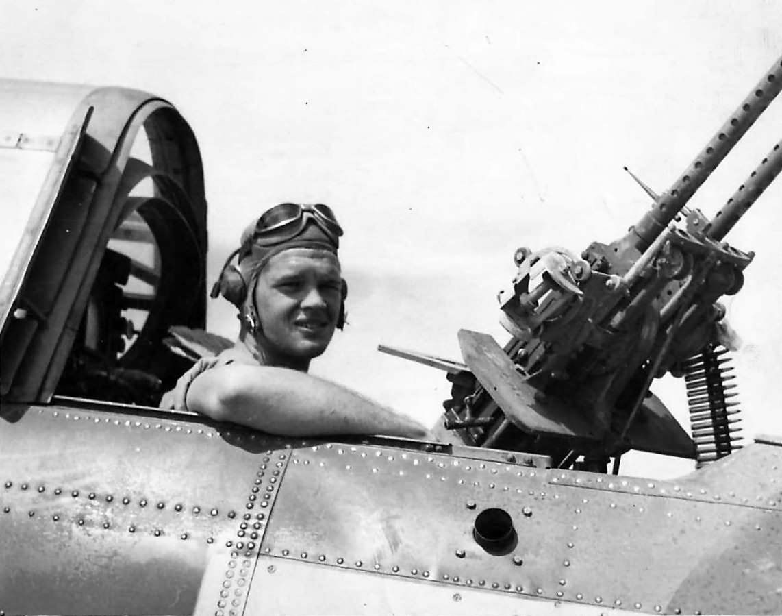 Former college football star Lt Robert Barnett in gunner’s Seat of SBD Dauntless – 1944