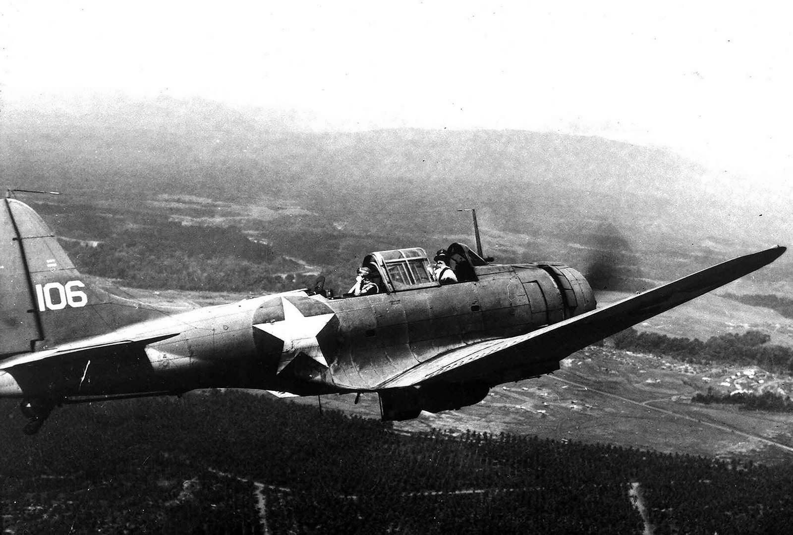 Marine SBD Dauntless leaves Henderson Field on Guadalcanal for Munda raid