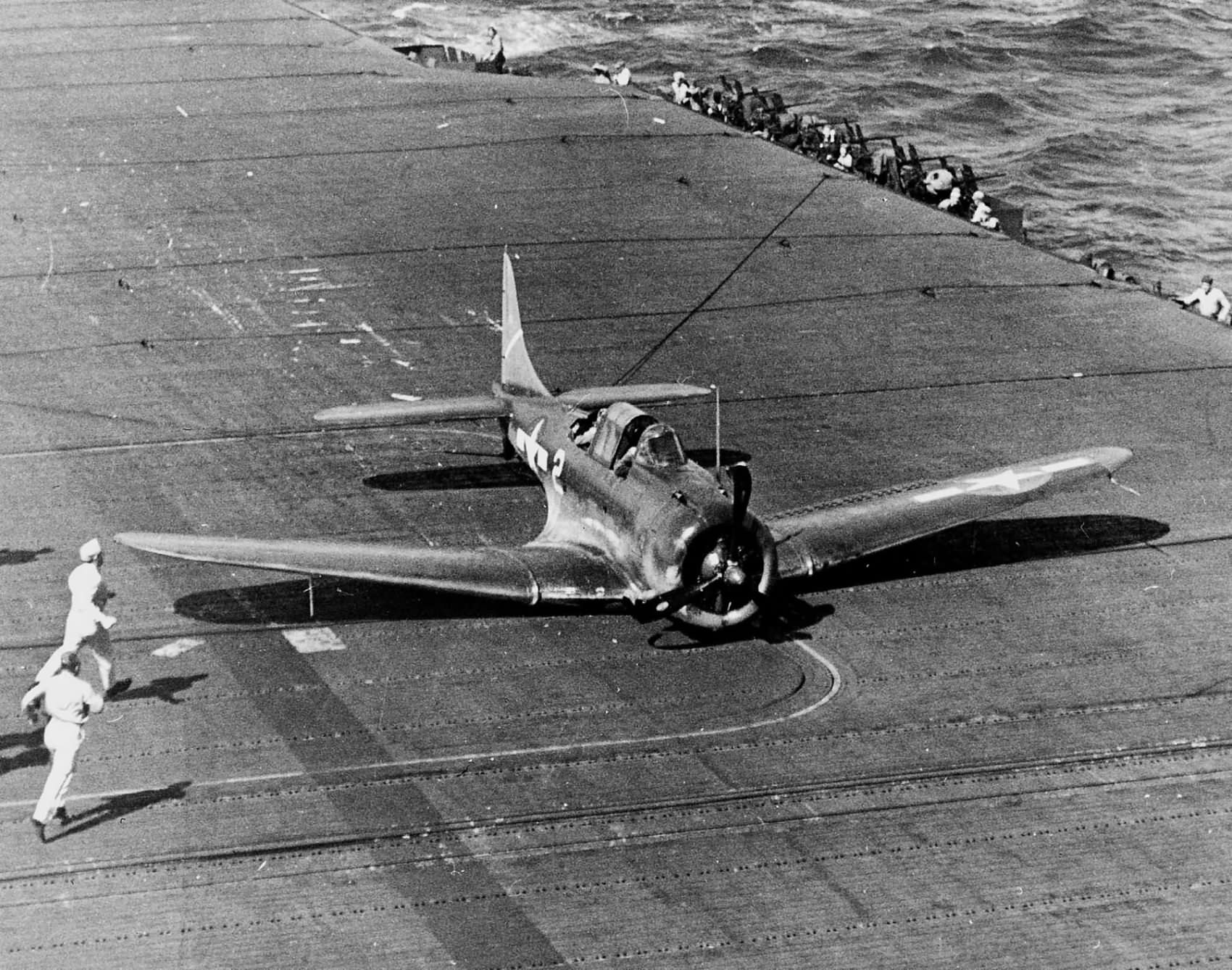 SBD-5 Dauntless of the VB-5 makes a belly landing