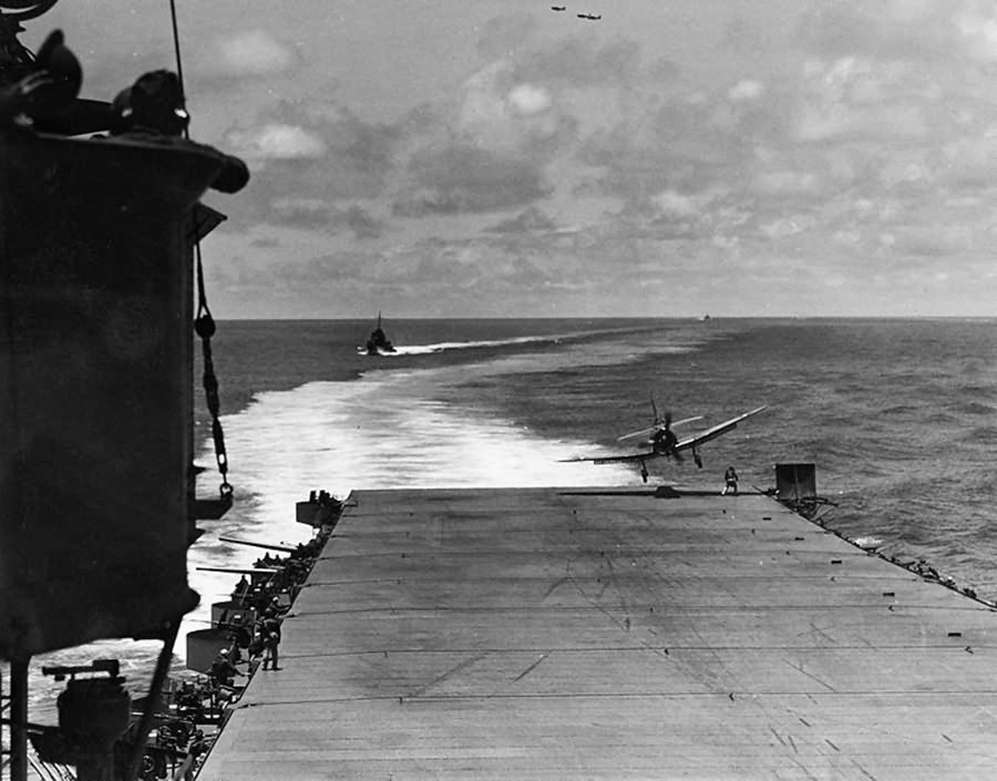 SBD landing on aircraft carrier during Battle of Midway