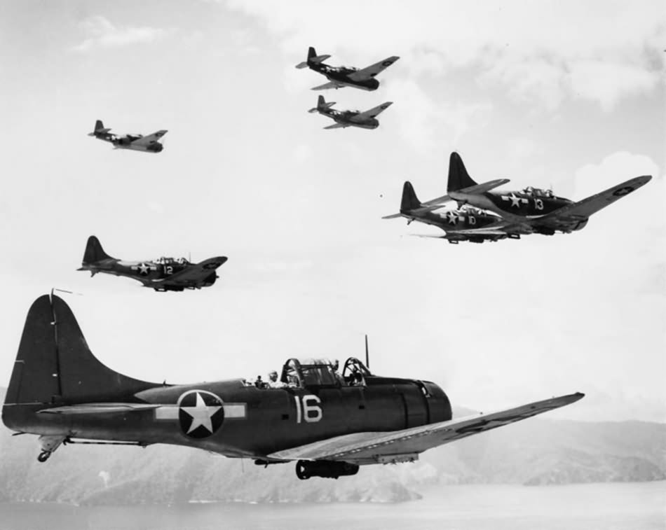 SBD Dauntless and TBF from USS Cabot CVL-28 in flight on 2 October 1943