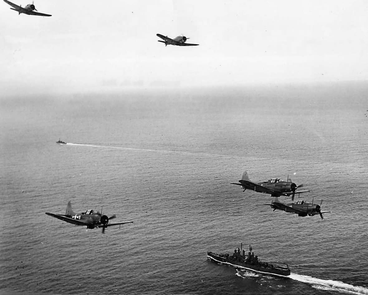 SBD dive bombers of the VB-10 from USS Enterprise enroute to Emirau
