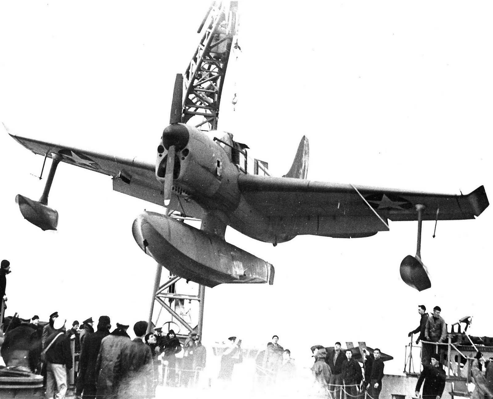 Curtiss SO3C Seamew is hoisted on board