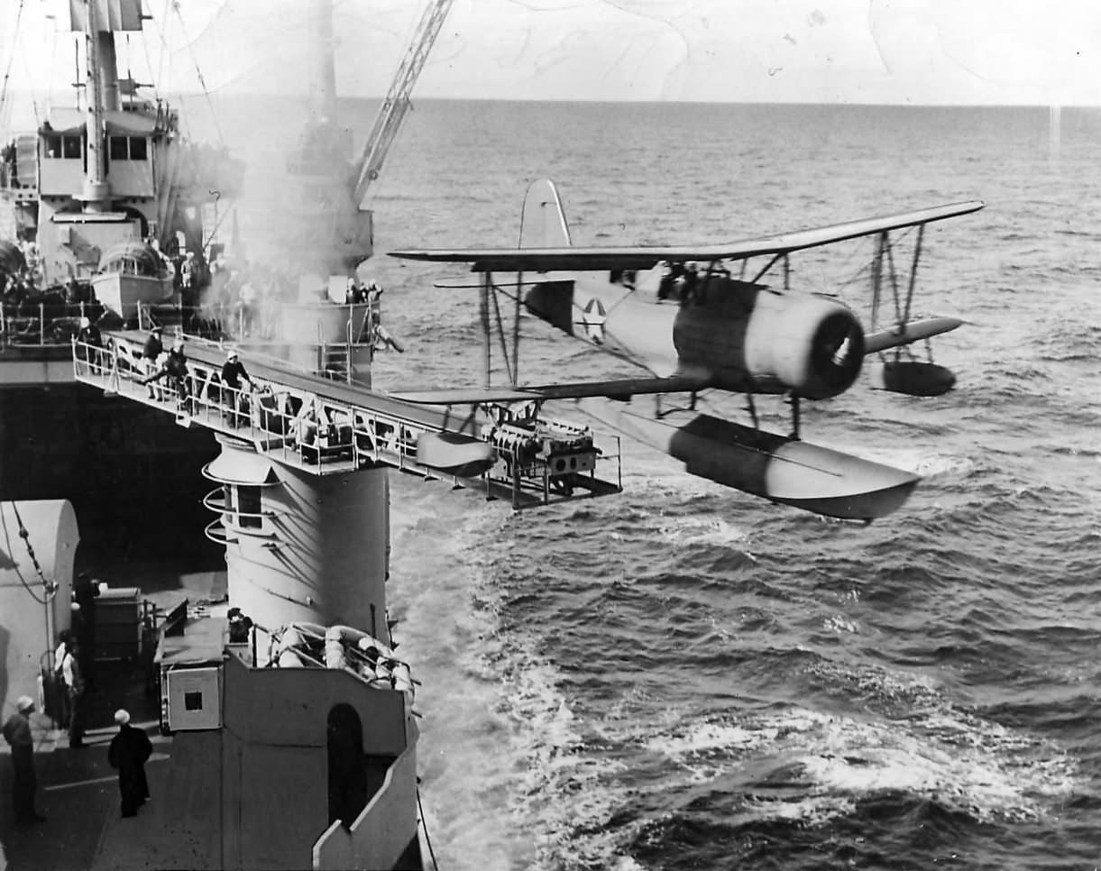 Curtiss SOC launched from catapult of New Orleans-class cruiser 1943