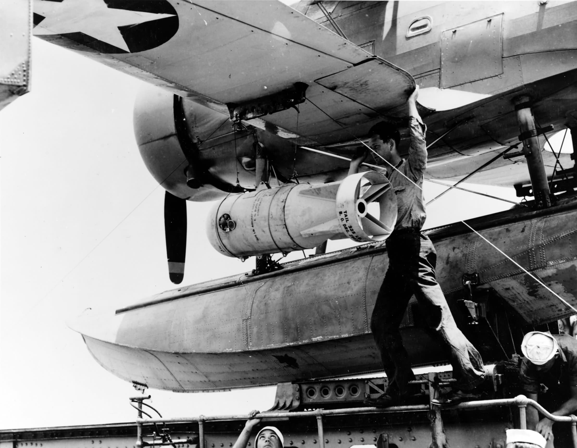 Curtiss SOC with Mark XVII depth bomb 325lb on board USS Philadelphia (CL-41) 2 July 1942