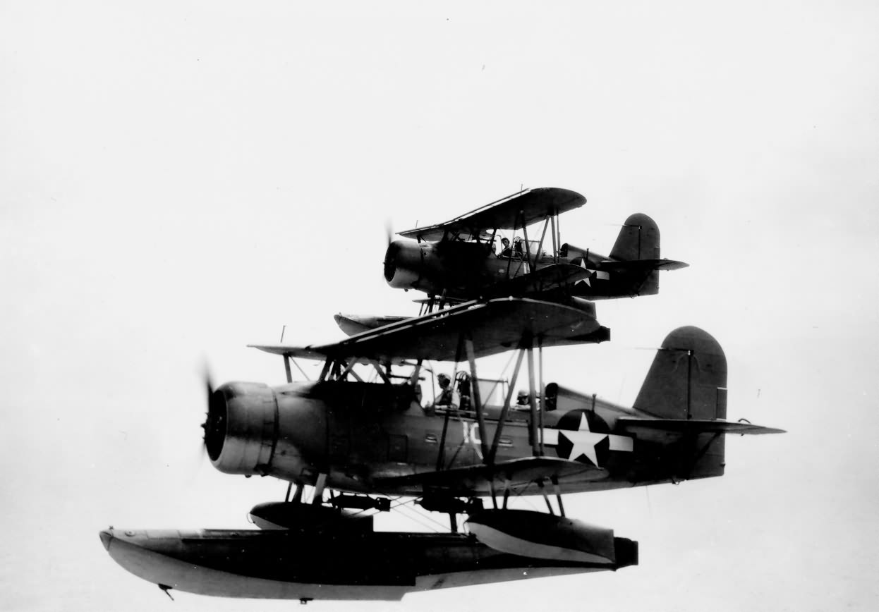 Seagulls off the heavy cruiser Indianapolis in flight during World War II