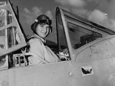 Lt Cdr Lance E. Massey commander of VT-3 in cockpit of TBD, 24 May 1942