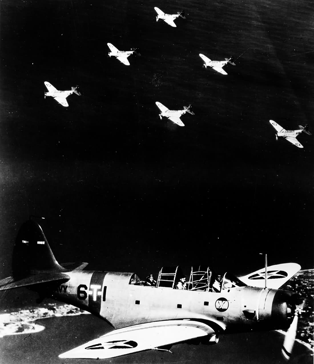 Squadron commander of VT-6 in the flight with the squadron overhead 1938