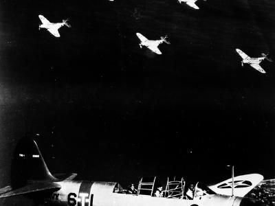 Squadron commander of VT-6 in the flight with the squadron overhead 1938