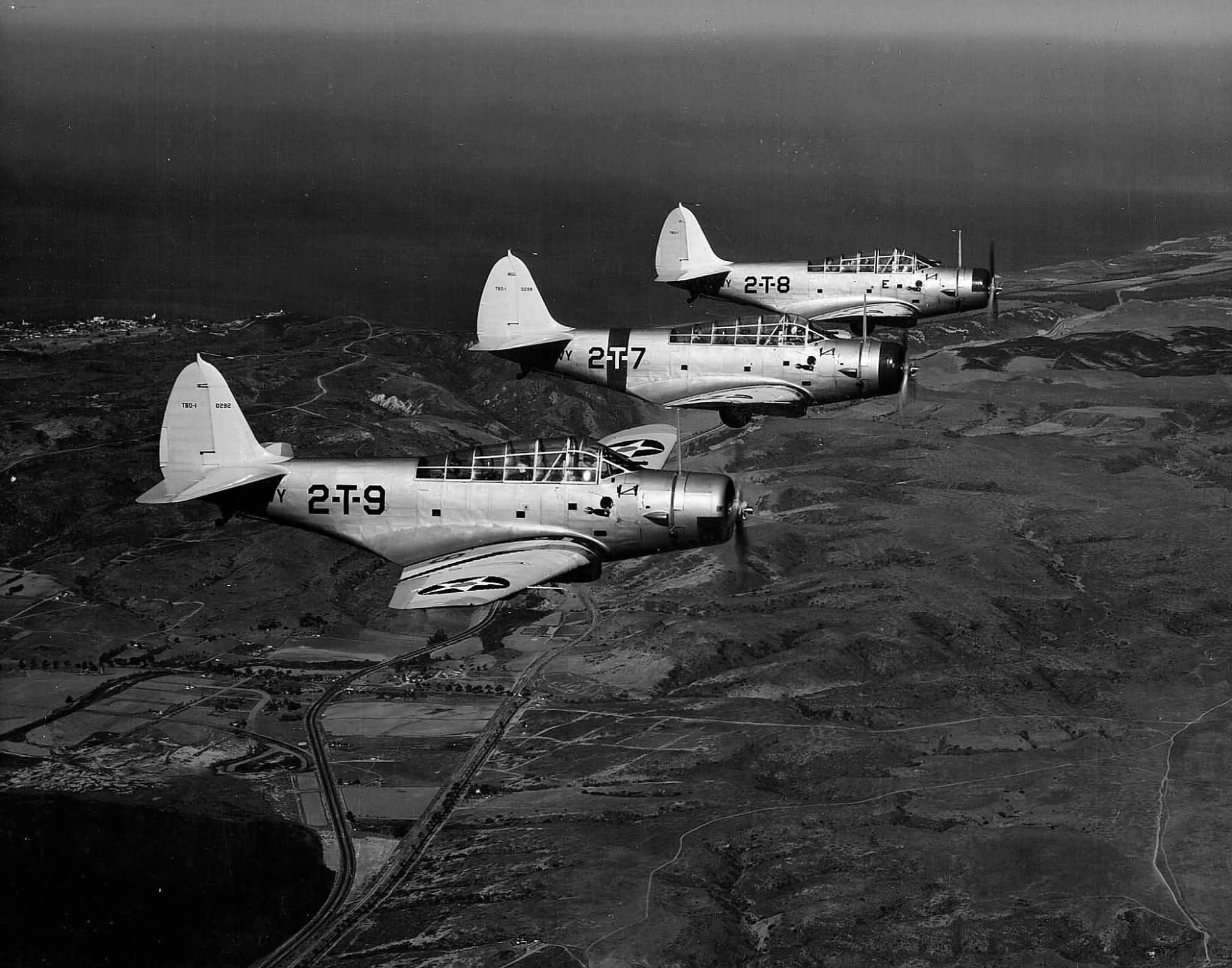 Douglas TBD-1 Devastators code 2-T-9, 2-T-7, 2-T-8 of Torpedo Squadron VT-2