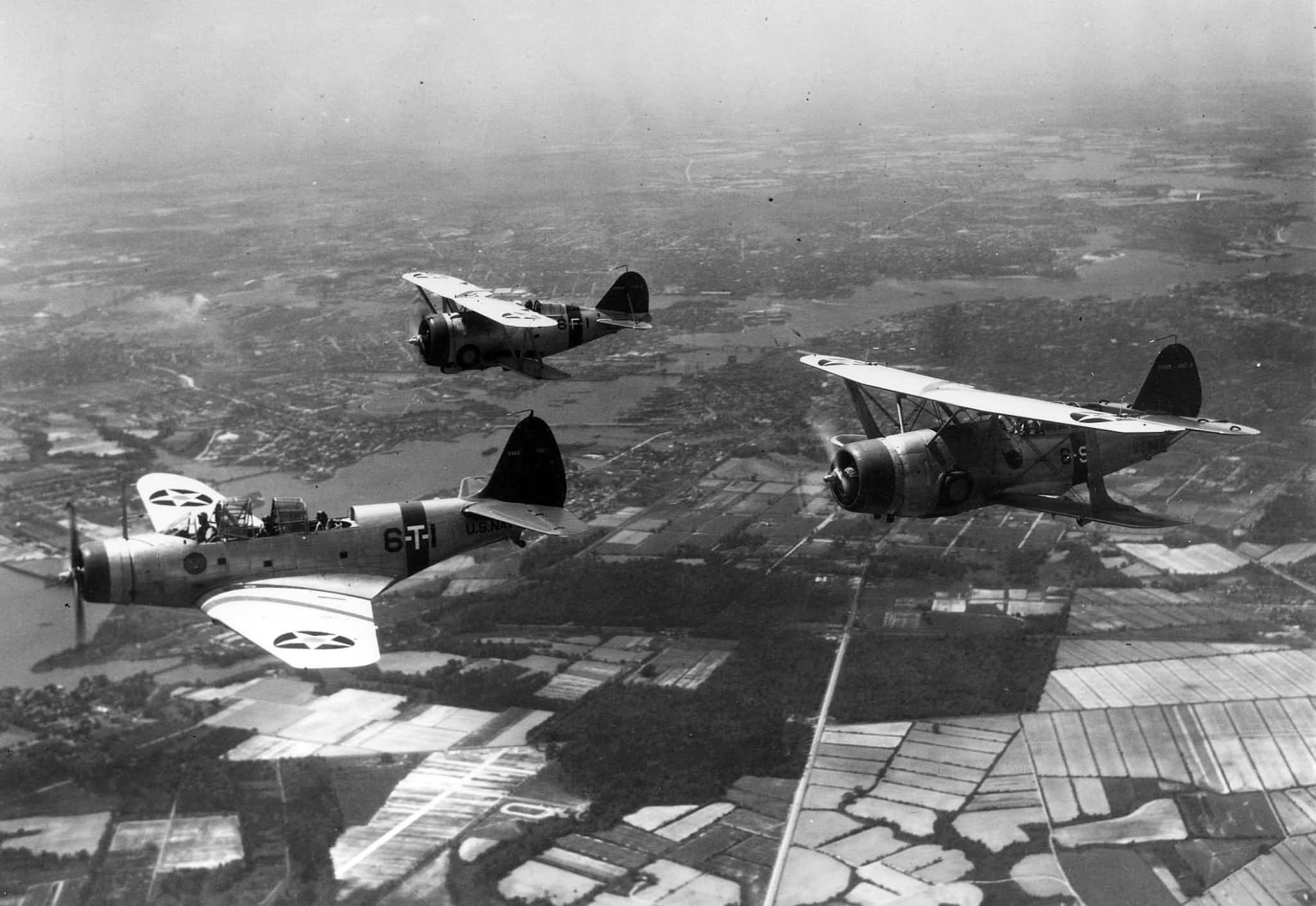 TBD-1 of VT-6 and F3F-2 of VF-6 and SBC-1 VS-6 in flight over Virginia