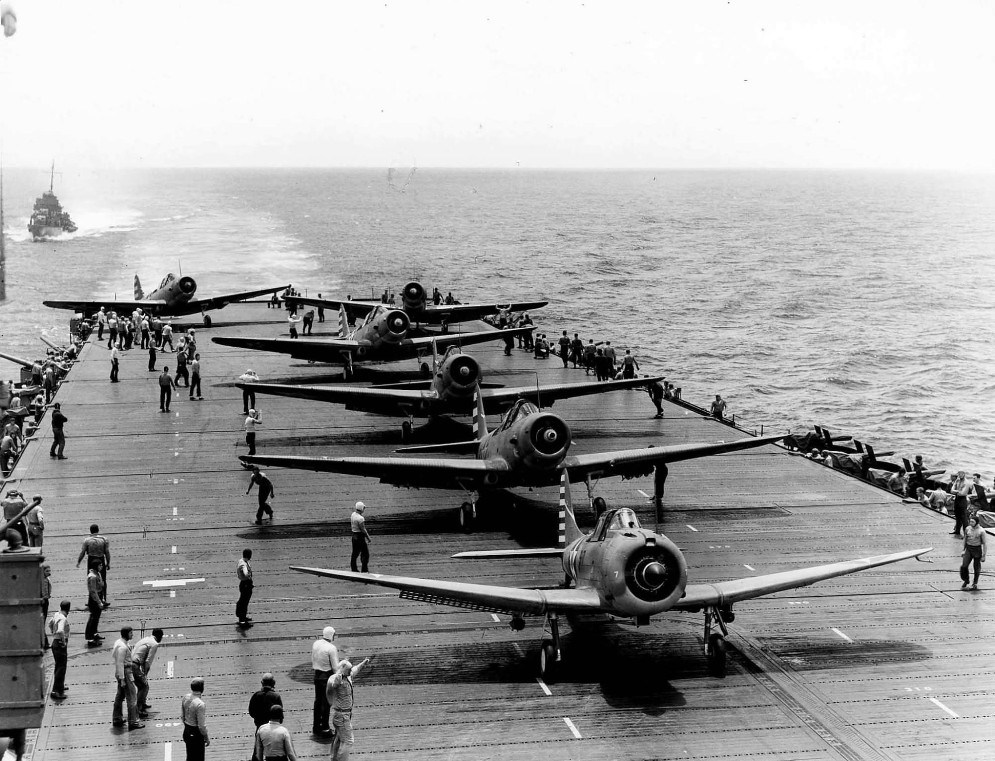 TBD-1 Devastators of VT-6 lined up for launch, USS Enterprise on May 4 1942