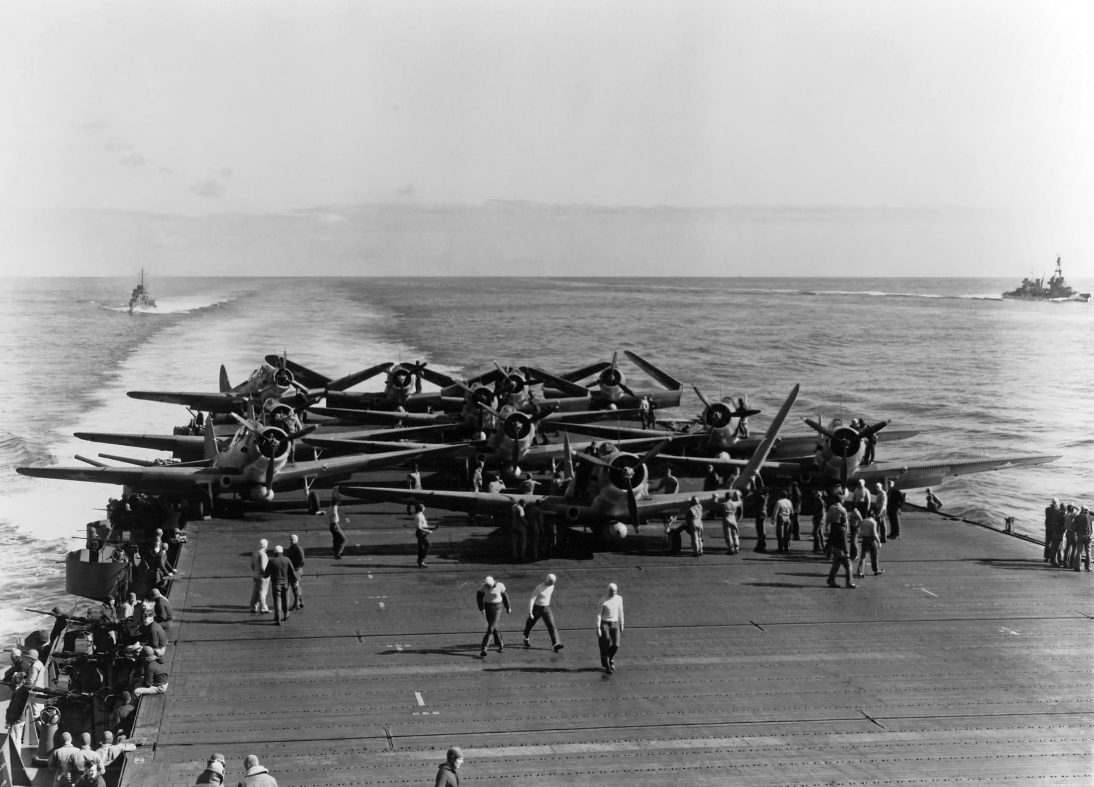 Battle of Midway: TBD-1 Devastators of the VT-6 are prepared for launching on USS Enterprise at about 0730, 4 June 1942