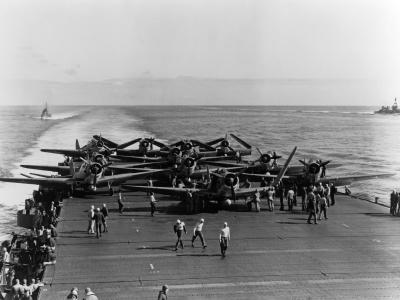 Battle of Midway: TBD-1 Devastators of the VT-6 are prepared for launching on USS Enterprise at about 0730, 4 June 1942