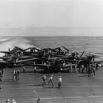 Battle of Midway: TBD-1 Devastators of the VT-6 are prepared for launching on USS Enterprise at about 0730, 4 June 1942