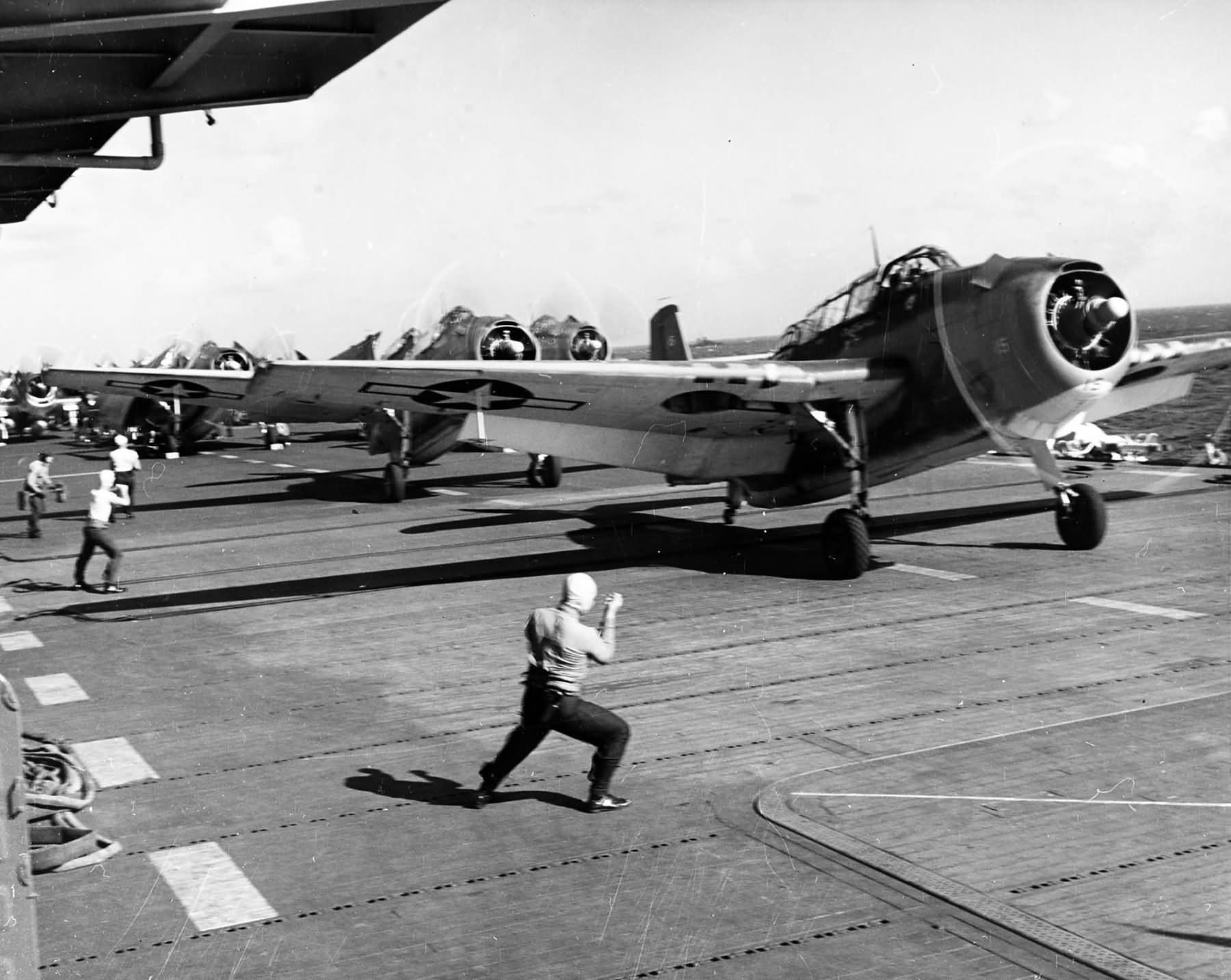 Avengers prepare to take off from USS Monterey to attack targets on Tinian June 1944