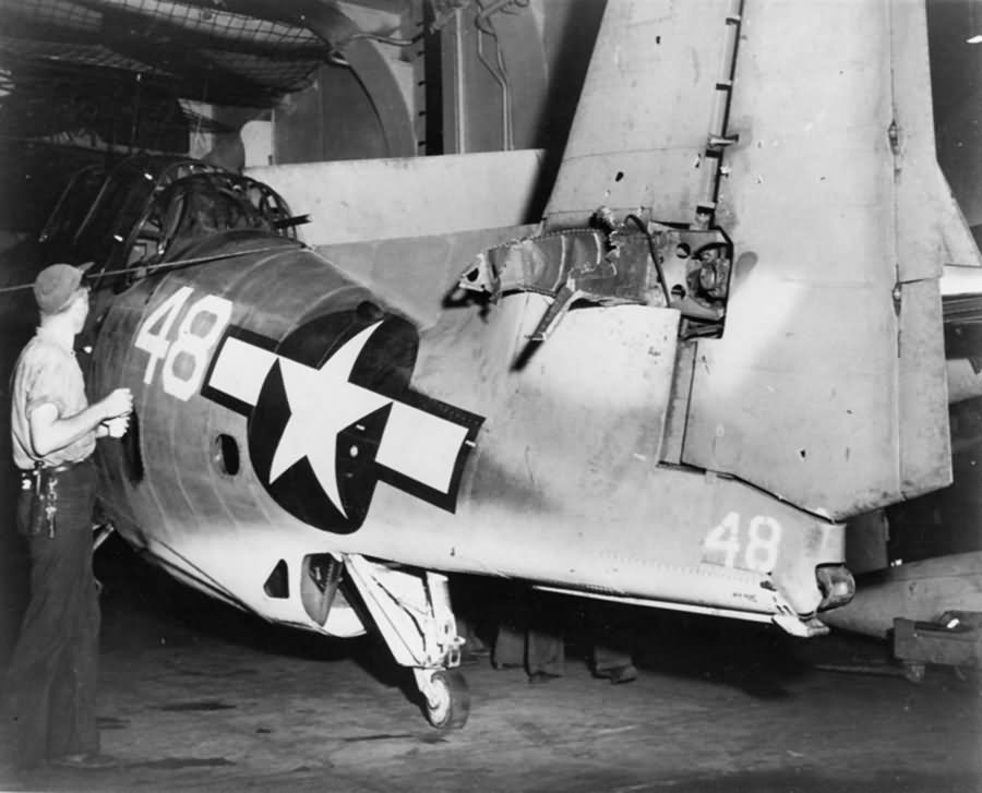 TBM-1C Avenger #48 of VT-10 on the hangar deck of the USS Enterprise – June 12 1944