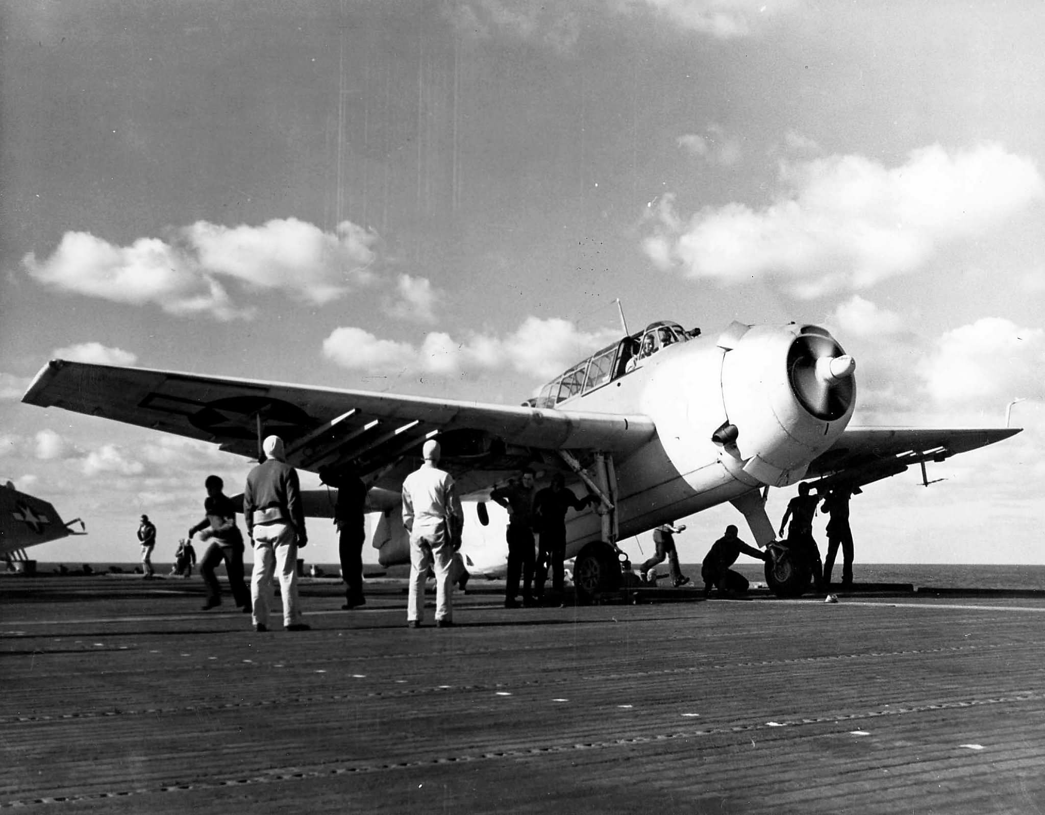 TBF-1C Avenger of VC-9 prior to its launching from the USS Mission Bay CVE-59 January 1, 1944