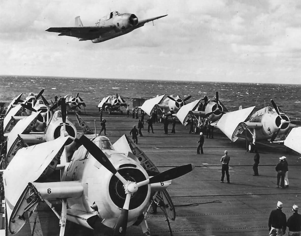 TBF Avenger Swoops over Flight Deck of Carrier USS Santee (CVE-29) -1943