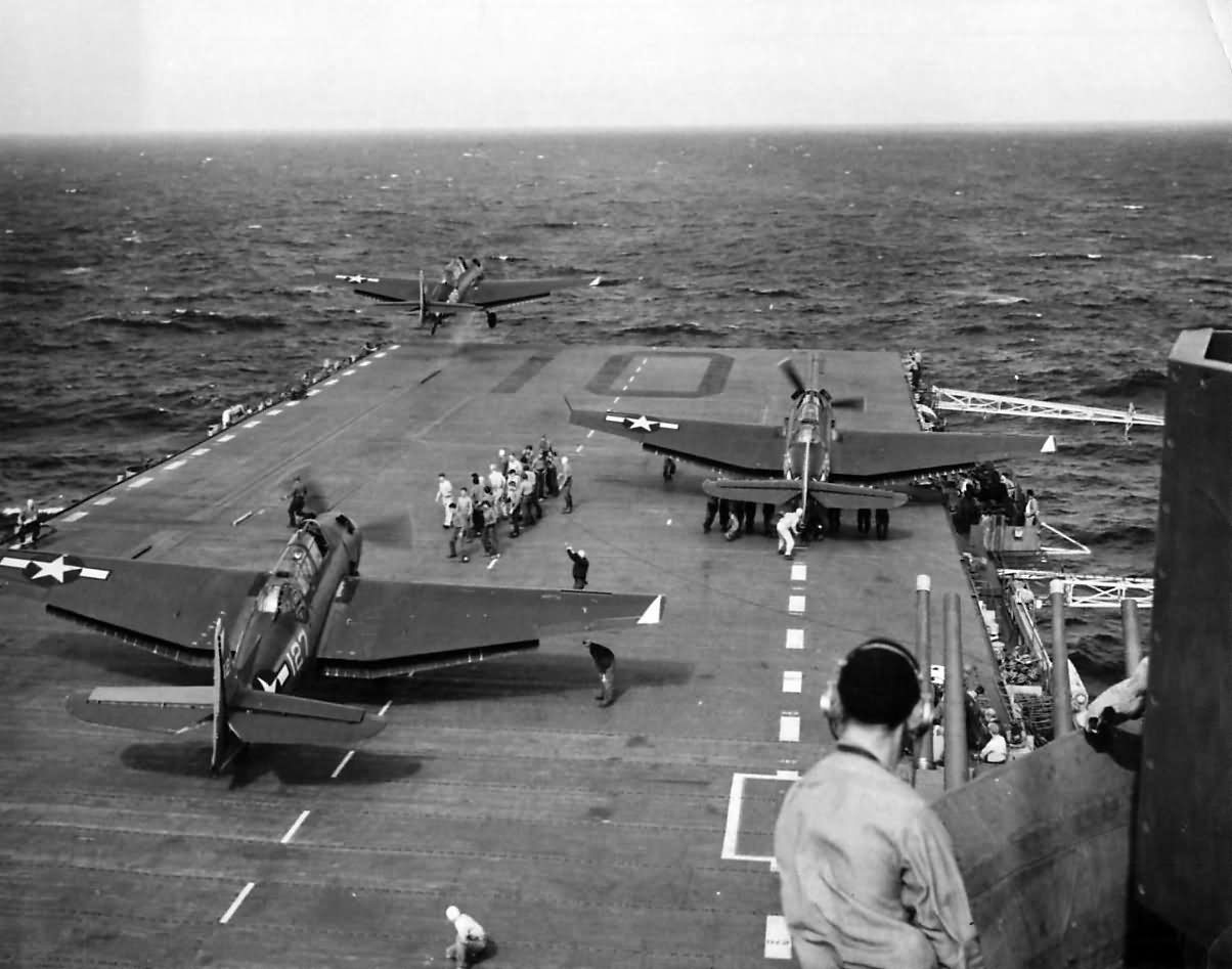 TBF Avengers launched from catapult of USS Yorktown 1946