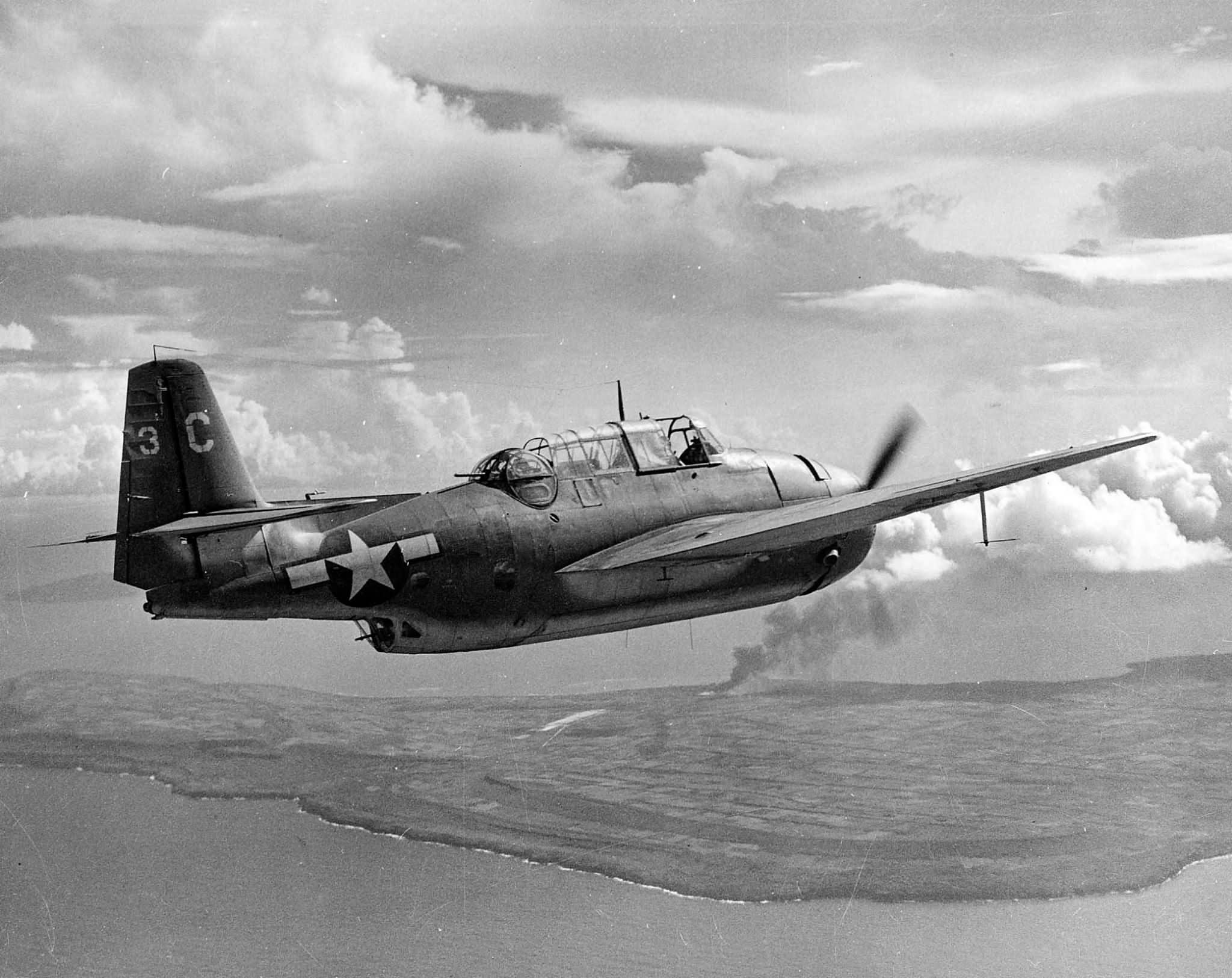 TBM-1C Avenger from VC-11 USS Nehenta Bay CVE-74 supporting the invasion of Tinian July 25, 1944